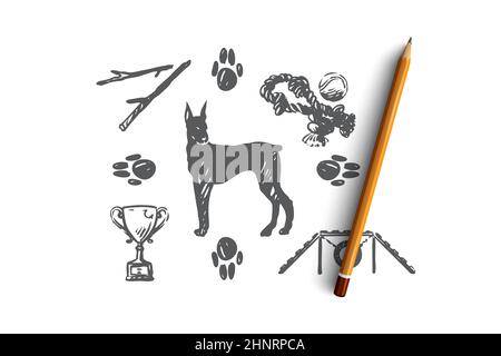 Cane, animale domestico, animale, accessori, concetto di cura. Il cucciolo disegnato a mano e la cura fornisce lo schizzo di concetto. Illustrazione vettoriale isolata. Foto Stock