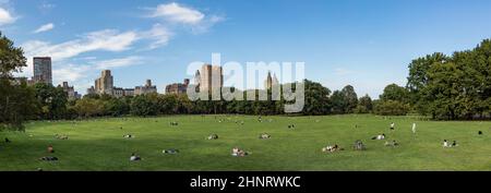 Le persone si rilassano di fronte agli alberi al Sheep Meadow Central Park a New York Foto Stock