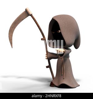 3D-illustrazione di un carino e divertente cartoon reaper con scythe Foto Stock