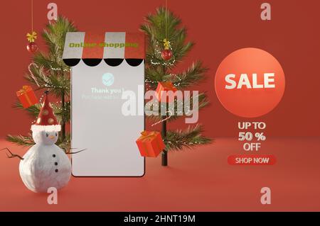 illustrazione 3d. Buon Natale e Felice Anno Nuovo. Shopping Online Mobile Phone Foto Stock