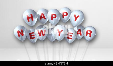 Felice anno nuovo palloncini mazzo su uno sfondo bianco cemento. Banner orizzontale. Rappresentazione grafica 3D Foto Stock