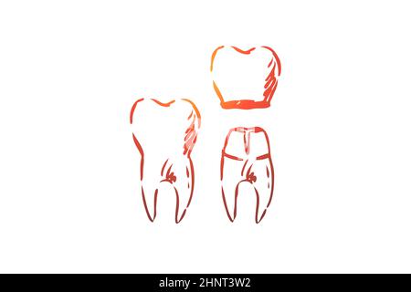 Corona, dentale, radice, dente, concetto di salute. Denti disegnati a mano con disegno a corona. Illustrazione vettoriale isolata. Foto Stock