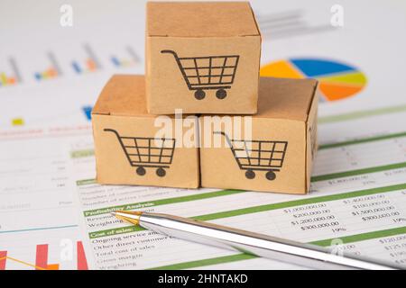 Logo del carrello della spesa nella casella sullo sfondo del grafico. Conto bancario, investimenti Ricerca analitica dati economia, trading, Business import export transportat Foto Stock