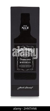 Jack Daniels Tennessee Whiskey barile singolo selezionare scatola su sfondo isolato. Foto Stock