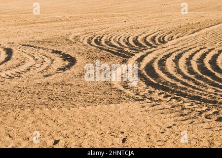 Disegno di creste curve e solchi su un campo sabbioso. Tracce sulla sabbia. Tracce trattore Foto Stock