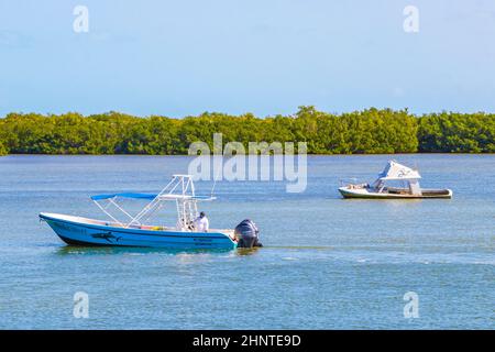 Panorama paesaggio vista isola Holbox con barca e natura Messico. Foto Stock