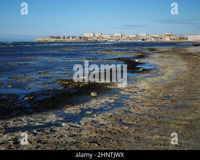 Riva paludosa del Mar Caspio. Il mare era sporco e puzzolente. Kazakistan. Regione di Mangistau. Aktau città. 05 novembre 2019 anno. Foto Stock