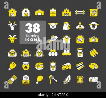 Set di icone glifo dell'animale da fattoria. Segno di cibo animale. Simbolo grafico per il design del sito Web, il logo, l'app, l'interfaccia utente. Illustrazione vettoriale, EPS10. Foto Stock