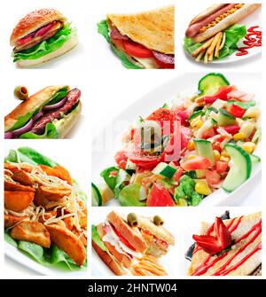 Collage di diversi piatti ristorante su sfondo bianco Foto Stock