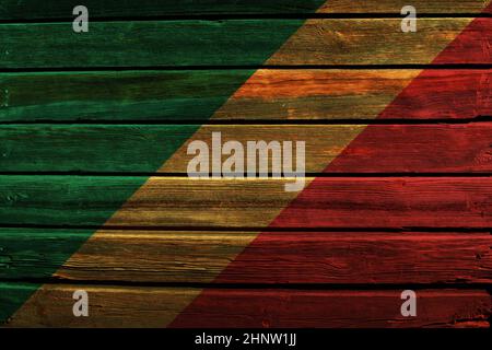 Bandiera 3D della Repubblica del Congo su un vecchio sfondo di legno muro. Foto Stock