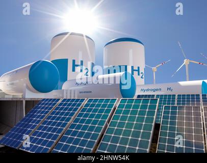 Produzione di energia rinnovabile idrogeno - gas idrogeno per energia elettrica pulita impianto solare e di turbine eoliche. rendering 3d. Foto Stock