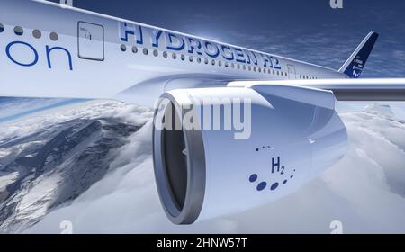 Aeroplano H2 riempito di idrogeno che vola nel cielo - futuro H2 concetto di energia. 3d rendering Foto Stock