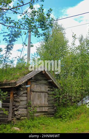 Vecchia capanna in legno con tetto in eccesso a Hemsedal, Norvegia. Foto Stock