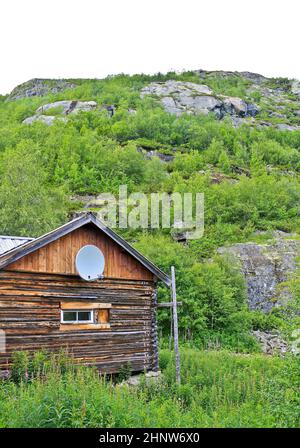 Vecchia capanna di legno marrone a Hemsedal, Norvegia. Foto Stock