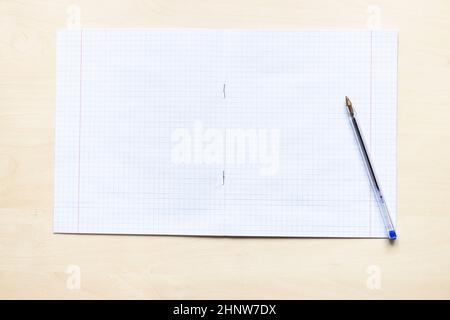 vista dall'alto della penna e del quaderno vuoto aperto della scuola con fogli quadrati con margini su asse di legno marrone chiaro Foto Stock