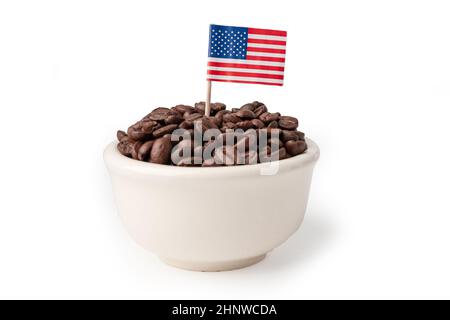 Chicchi di caffè in tazza con bandiera USA America. Foto Stock