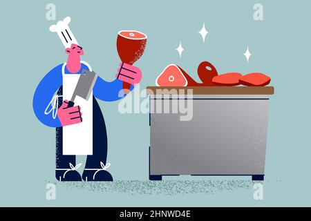 Lavorare come macellaio con concetto di carne. Giovane uomo macellaio personaggio cartoon indossando grembiule e cappello in piedi tenendo la gamba di manzo in mani illustrazione vettoriale Foto Stock