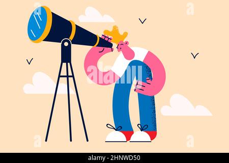 Ricerca, analisi, monitoraggio attraverso il concetto di binocolo. Giovane uomo d'affari personaggio cartoon in piedi guardando alle opportunità future con la lente di ingrandimento Foto Stock