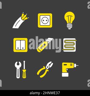 Riparazione domestica, icone vettoriali elettriche impostate su sfondo scuro. Simbolo grafico per il design del sito Web, il logo, l'app, l'interfaccia utente. Illustrazione vettoriale, EPS10. Foto Stock
