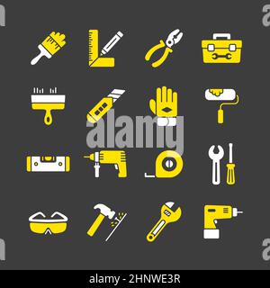 Icone degli strumenti di costruzione, riparazione e riparazione domestica su sfondo scuro. Simbolo grafico per il design del sito Web, il logo, l'app, l'interfaccia utente. Illustrazione vettoriale, EPS1 Foto Stock