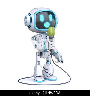 Simpatico robot blu che canta illustrazione di rendering 3D isolato su sfondo bianco Foto Stock