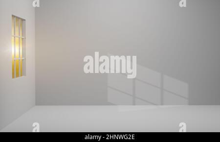 Camera vuota minimalista con parete grigia e luce dalla finestra. 3d rendering Foto Stock
