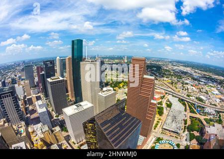Antenna di edifici moderni nel centro di Houston di giorno Foto Stock