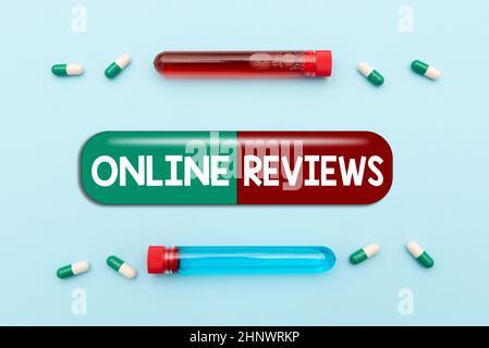 Firma visualizzazione Online Recensioni, approccio aziendale Valutazione del prodotto Feedback del cliente pubblicare nel sito web prescritto Medicine vitamines e Minera Foto Stock