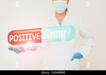 Testo della scrittura Storia positiva, concetto del Internet articolo significativo e motivante buone notizie successo scoop che dimostra le idee mediche che presentano nuovo Foto Stock