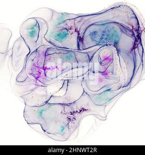Arte di lusso dalle tonalità viola e fluide punteggiata da accenti rosa e verde e macchie d'oro su sfondo bianco Foto Stock