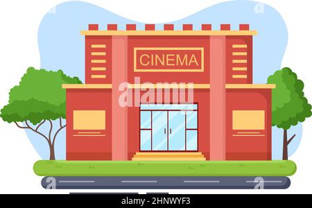 Cinema Building o Movie Theatre per l'industria dell'intrattenimento moderno, relax, visione di un film e spettacolo in Flat Design background Illustration Illustrazione Vettoriale