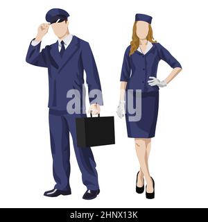 Pilota e stewardess in uniforme su sfondo bianco - illustrazione vettoriale Foto Stock