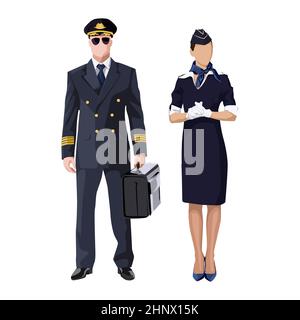 Pilota e stewardess in uniforme su sfondo bianco - illustrazione vettoriale Foto Stock