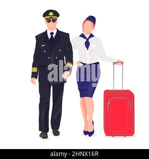 Pilota e stewardess in uniforme su sfondo bianco - illustrazione vettoriale Foto Stock