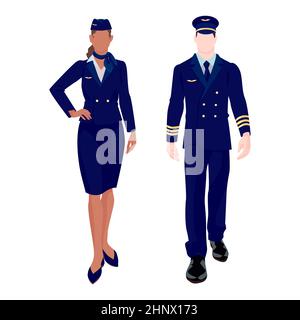 Pilota e stewardess in uniforme su sfondo bianco - illustrazione vettoriale Foto Stock