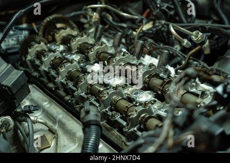 Dettaglio degli alberi a camme del motore della vettura smontati per la manutenzione Foto Stock
