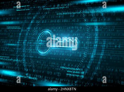 Sicurezza informatica, crittografia dei dati del computer e protezione Internet con flusso di dati binari, codice e chiave digitale. Informazioni personali saf Illustrazione Vettoriale