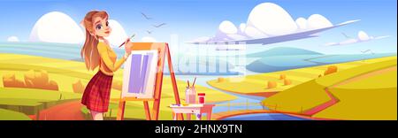 Ragazza pittrice con spazzola e cavalletto sul campo con balle di fieno. Illustrazione vettoriale del paesaggio autunnale della campagna con fiume, ponte, strada e donna artista pittura su tela in aria plein Illustrazione Vettoriale