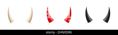Diavolo corno set. Bianco, rosso e nero demone o satana Halloween elementi carniali. Attributi dell'app Mobil isolati su sfondo bianco Illustrazione Vettoriale