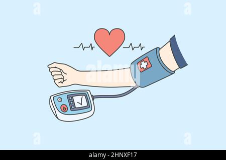 Misurazione della pressione sanguigna e concetto di assistenza sanitaria. Tonometro con mano umana che esamina il controllo della pressione sanguigna e l'illustrazione vettoriale del battito cardiaco Foto Stock