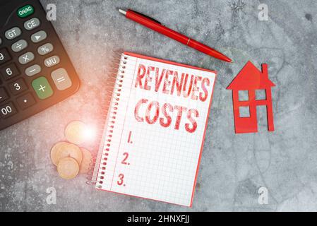 Ispirazione che mostra i costi dei ricavi dei segni, Word per la quantità totale di denaro nella produzione e nella consegna di un prodotto risparmio di denaro per Una nuova casa, AB Foto Stock