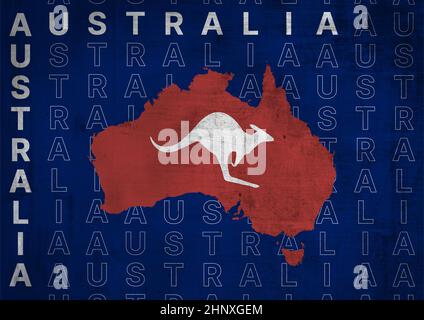 kangaroo dall'Australia con la mappa del paese. Illustrazione con testo in inglese. Colore profondo e design piatto con atmosfera nostalgia. Poster per affiche Foto Stock