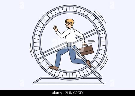 Concetto di workaholic e di stanchezza sul lavoro. Giovane ha sottolineato il personaggio cartone animato businessman che corre in ruota avendo un'illustrazione vettoriale di lavoro di corsa infinita Foto Stock
