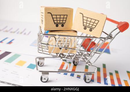 Logo del carrello con riquadro sullo sfondo del grafico. Conto bancario, investimenti Ricerca analitica dati economia, trading, Business import export transport Foto Stock