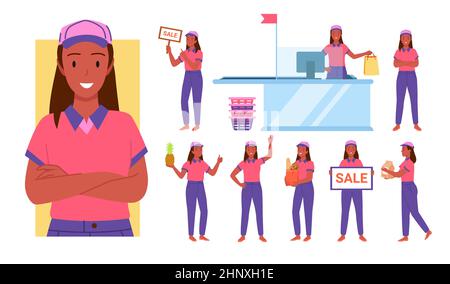 Set di african american venditore ragazza in negozio di lavoro pose Illustrazione Vettoriale
