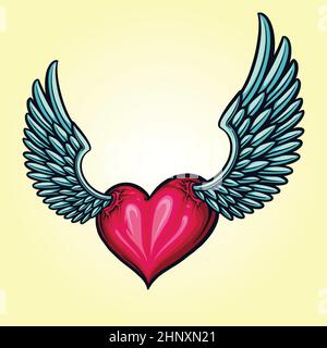 Carino cuore Amore Wings Tattoo Vector illustrazioni per il vostro lavoro Logo, mascotte merchandise t-shirt, adesivi e disegni etichette, poster, biglietti d'auguri Illustrazione Vettoriale