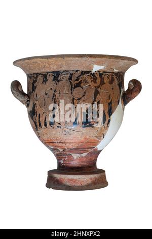 Vista frontale primo piano dell'antico vaso greco danneggiato Antalya museo archeologico isolato su sfondo bianco Foto Stock