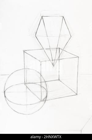 disegno di composizione con sfera, cubo e piramide disegnato a mano da matita su carta bianca Foto Stock