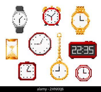 Pixel isolato clessidra, orologio e sveglia pixel art 8bit icone di gioco. Accessori vettoriali per il tempo, set di elementi pixelati. Cronometro, orologio da polso, sa Illustrazione Vettoriale