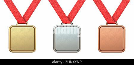 Golden, silver e bronze Square medal collection 3D rendering illustration isolato su sfondo bianco Foto Stock